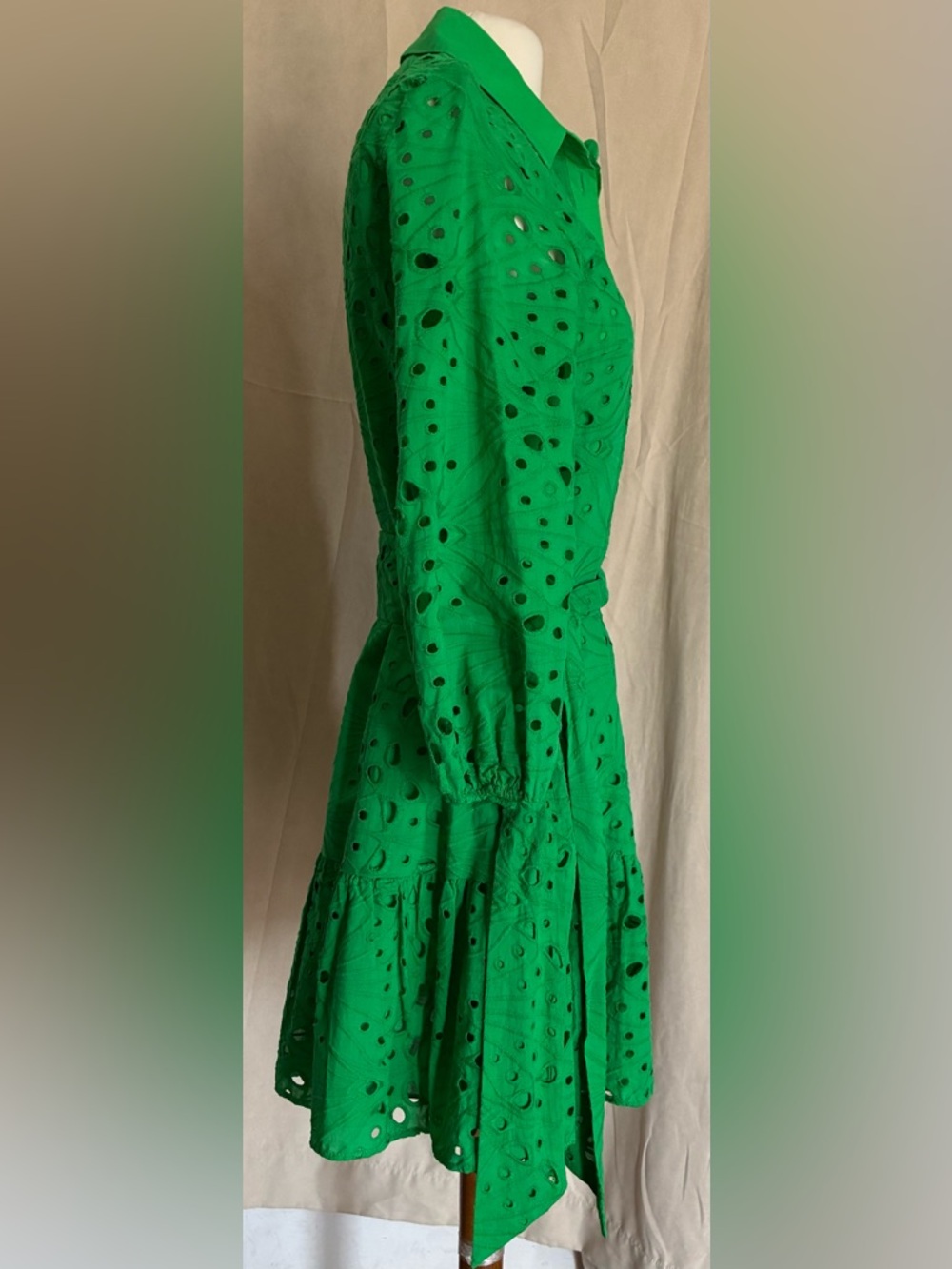 Zara Bright Green Eyelet Long-Sleeve Shirt Dress with Belt - Picture 3 of 7